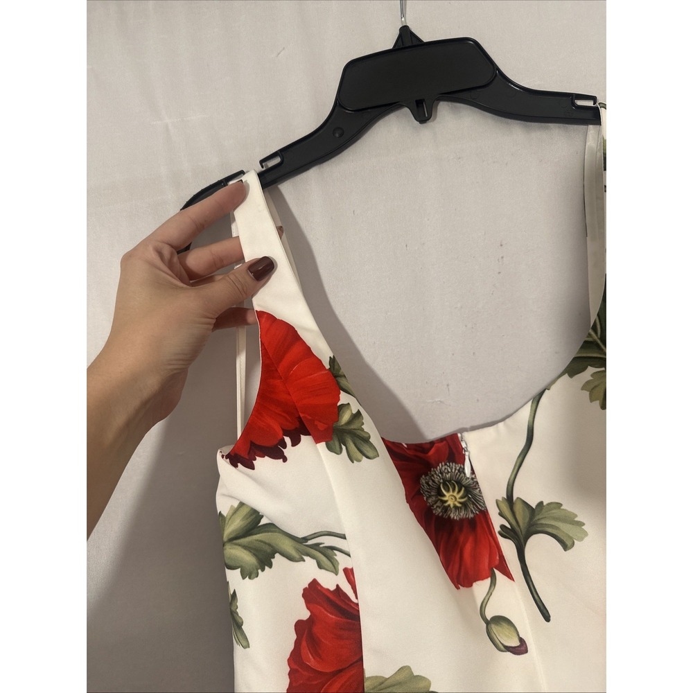 NWD $6000 Oscar de la Renta [ 10‎ ] Poppies Floral Scoop Midi Dress White Red - Picture 12 of 16